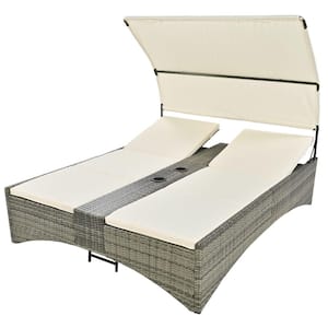 Wicker Outdoor Double Day Bed with Shelter Roof with Adjustable Backrest, Storage Box and 2 Cup Holders, Cream Cushions