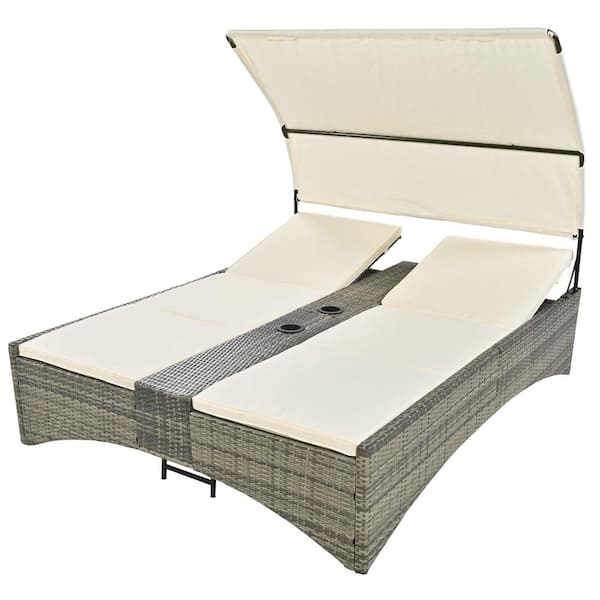 Tatayosi Wicker Outdoor Double Day Bed with Shelter Roof with Adjustable Backrest, Storage Box and 2 Cup Holders, Cream Cushions