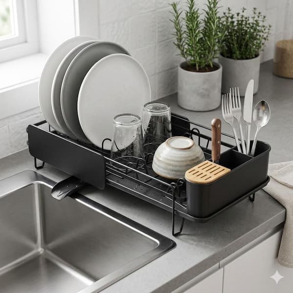 Black Stainless Steel Dish Drying Rack Expandable Drainer with Cutlery Holder Rustproof Fast Drainage Space-Saving