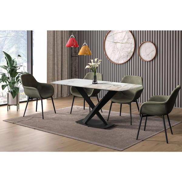 Leisuremod Voren Dining Table with 62 in. Rectangular Sintered Stone Wide Top and Black Steel Pedestal Base in White Grey Seats 8