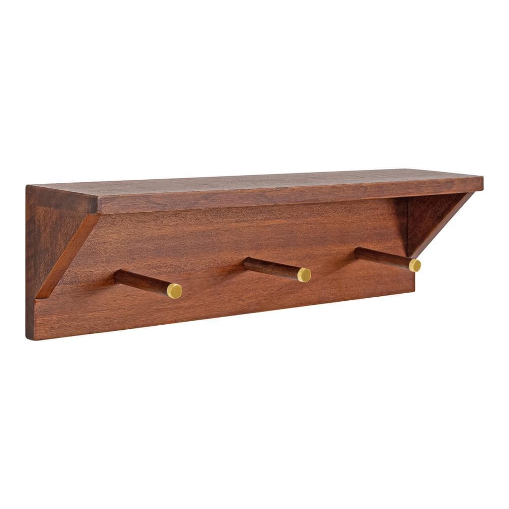Kate and Laurel Hinter 5.00 in. x 18.00 in. x 5.00 in. Walnut Brown Wood  Floating Decorative Wall Shelf with Hooks 219666 The Home Depot