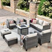 New Vultros Gray 8-Piece Wicker Patio Fire Pit Conversation Seating Set with Beige Cushions