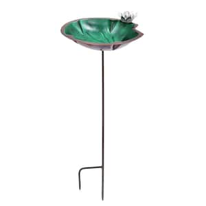 41.75 in. Tall Antique Copper Plated and Colored Patina Lilypad Birdbath with White Flower and Stake
