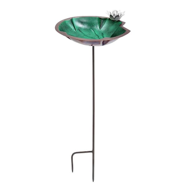 ACHLA DESIGNS 41.75 in. Tall Antique Copper Plated and Colored Patina Lilypad Birdbath with White Flower and Stake