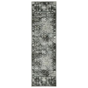 Galleria Charcoal 2 ft. x 8 ft. Oriental Distressed Floral Polyester Indoor Runner Area Rug