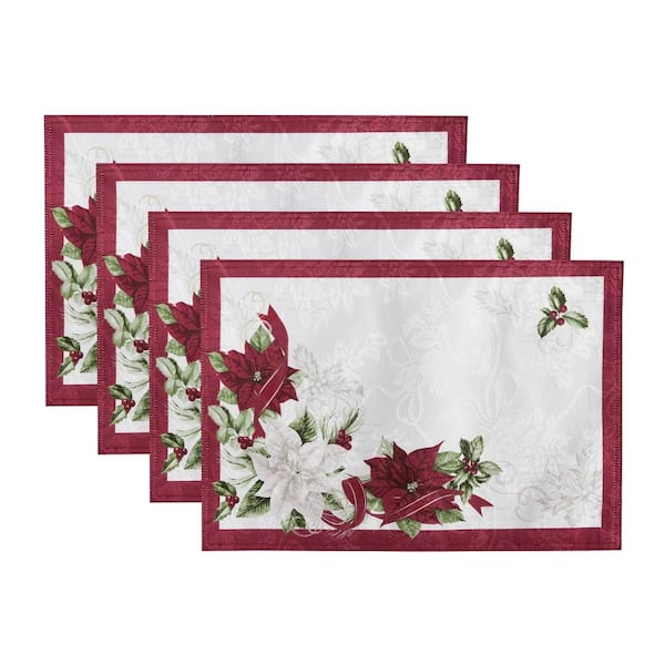 Threadmade Home Clarette Poinsettia Holiday Fabric Placemats, Set of 4, Rose - 13"W x 19"L