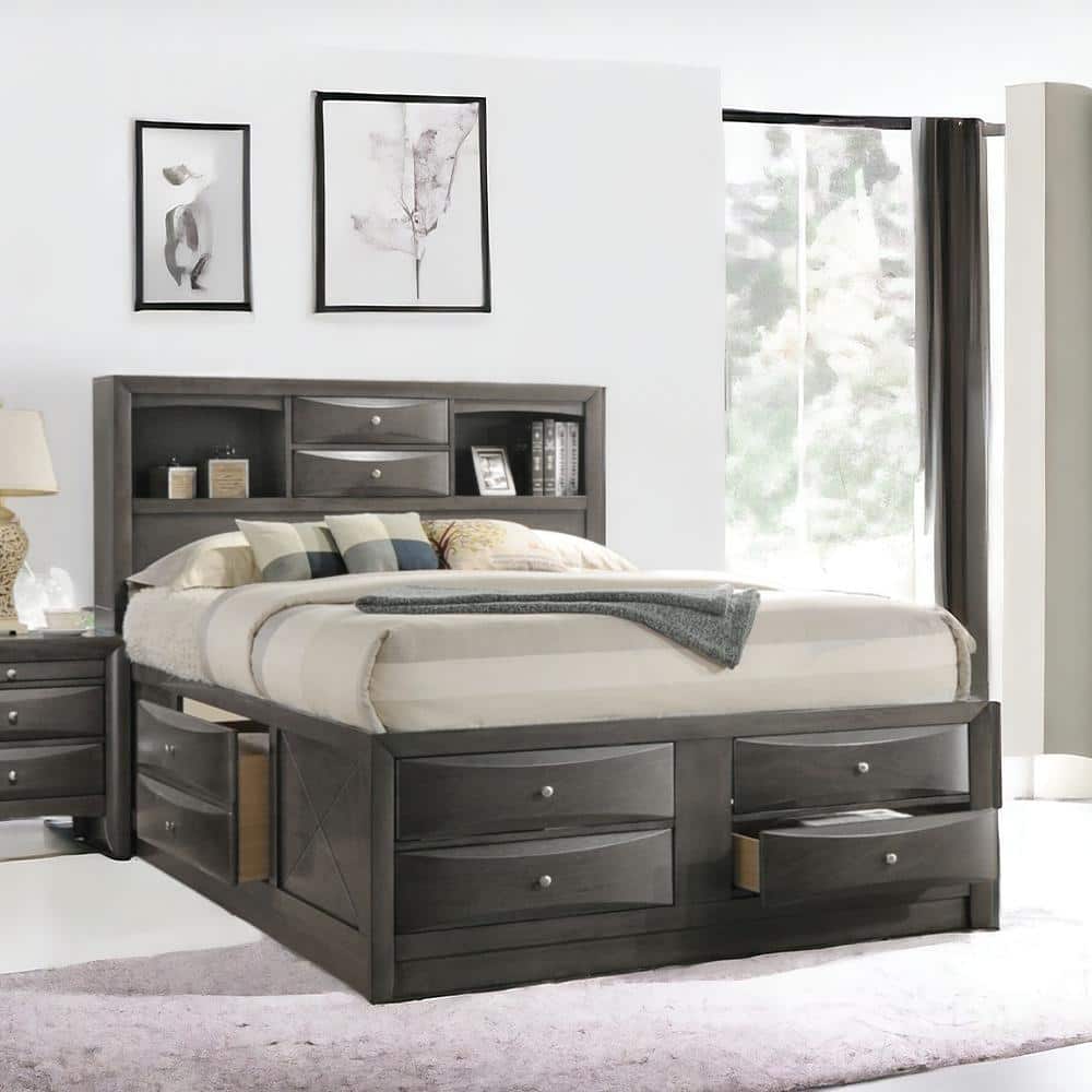 Gray Oak Full Double Captain's Bed with Bookcase and Storage