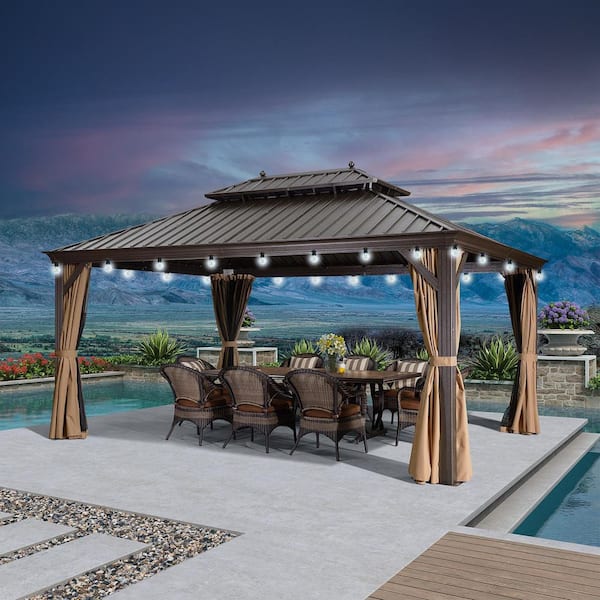 12 ft. x 16 ft. Bronze Patio Outdoor Gazebo for Backyard Hardtop Aluminum Frame, Hooks Netting, Khaki Curtain 24-Lights