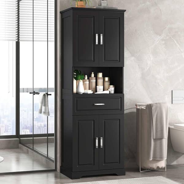 Black 70.8 in. H Accent Cabinet, Bathroom Storage Cabinet with 4-Doors, Large Storage Space Open Shelf
