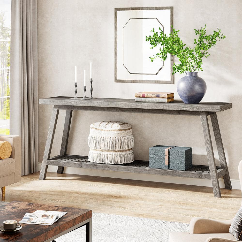 Farmhouse Grey 70.9" Wood and Metal Console Table with Storage