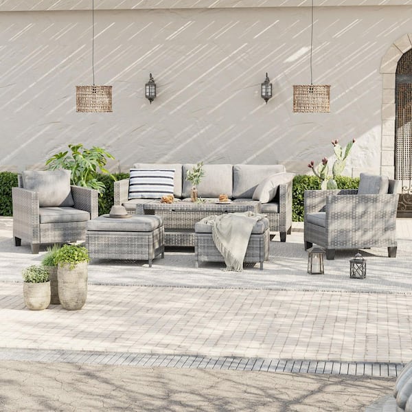 6-Piece Gray Wicker Outdoor Conversation Seating Sofa Set with Coffee Table, Linen Grey Cushions