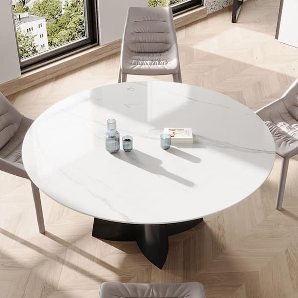 Lesly Modern Round White Composite Stone Table Top for Kitchen 51.18 in. Black Fiberglass Pedestal Dining Table (4 -Seats)