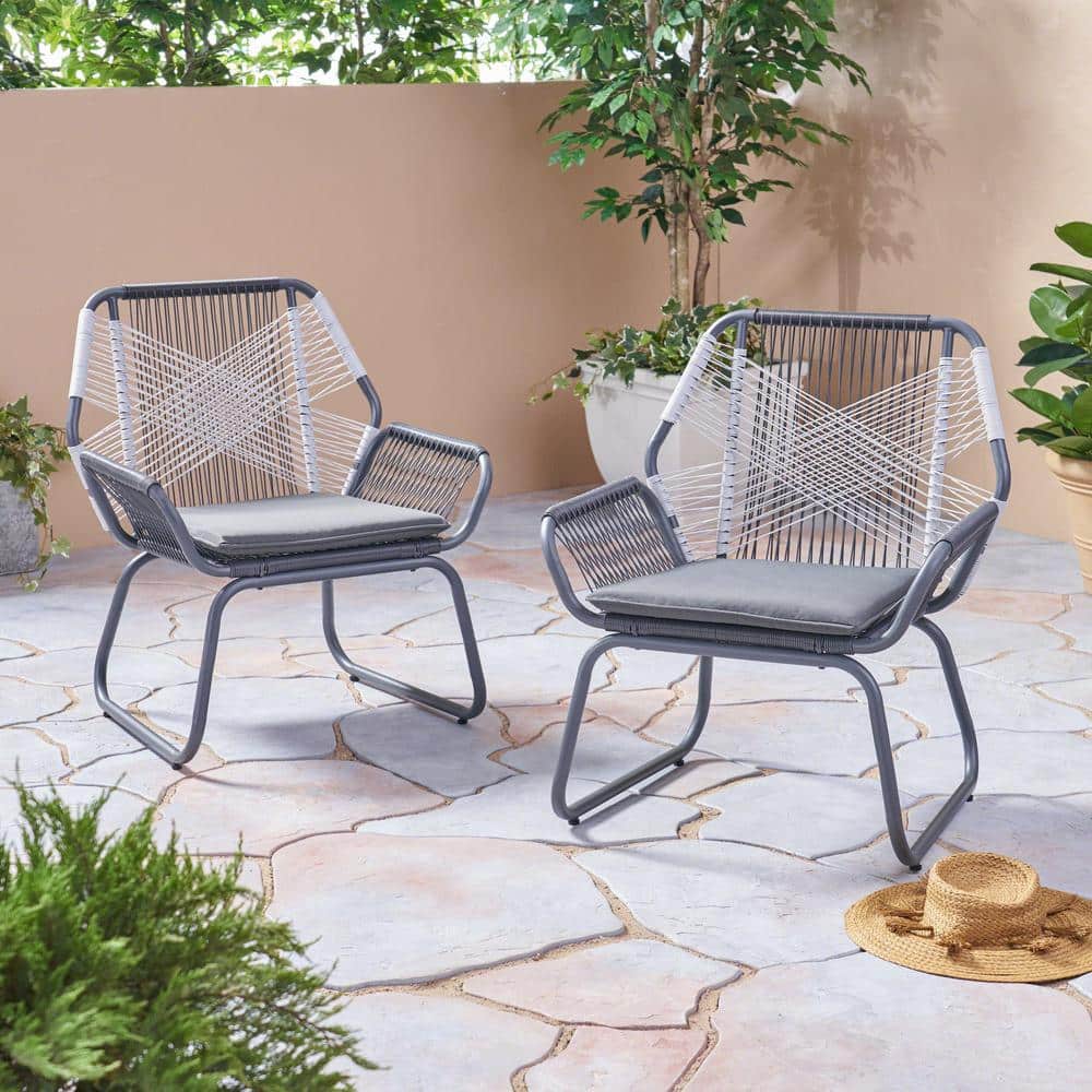 2-Pack Grey PE Rattan Wicker and Iron Outdoor Patio Lounge Chair Club Chair