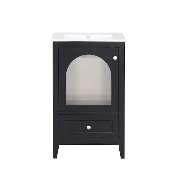 20 in. Single Sink Freestanding Black Bath Vanity with White Ceramic Top, Stainless Steel Hinges