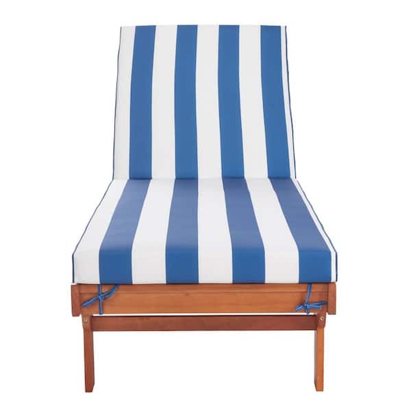 SAFAVIEH Newport Natural 1-Piece Wood Outdoor Chaise Lounge Chair with Blue and White Cushion