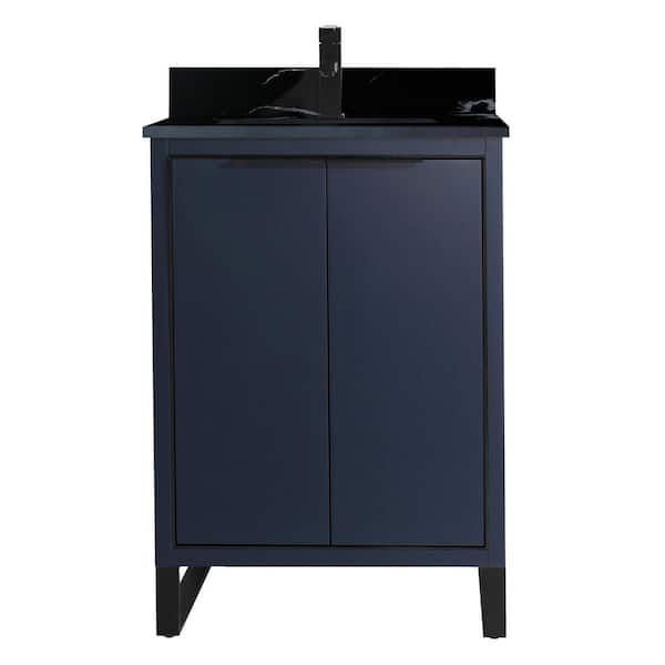 FINE FIXTURES Opulence 24 in. W x 18 in. D x 33.5 in H. Bath Vanity in Navy Blue with Black Stone Counter - Single Ceramic Sink Bowl.