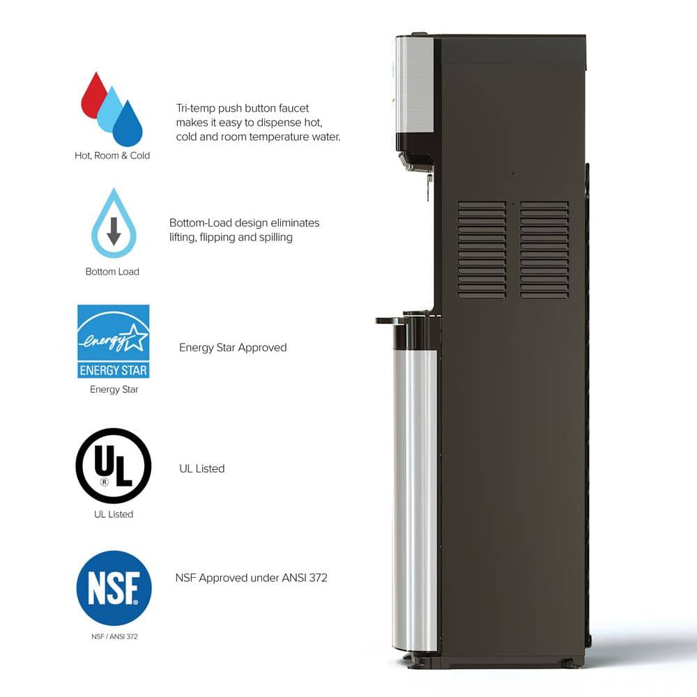 Essential Tri-Temp Bottom-Load Water Cooler in Black and Brush Stainless-Steel