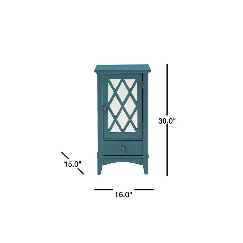 Teal Mirrored Glass Door Accent Table with Storage