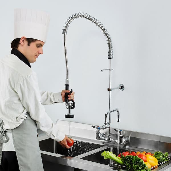 Industrial Sink Faucet, 44 in. Tall, 8 in. Apart, 12 in. Rotating Spout, Wall Mounted Brass Made with Extendable Sprayer