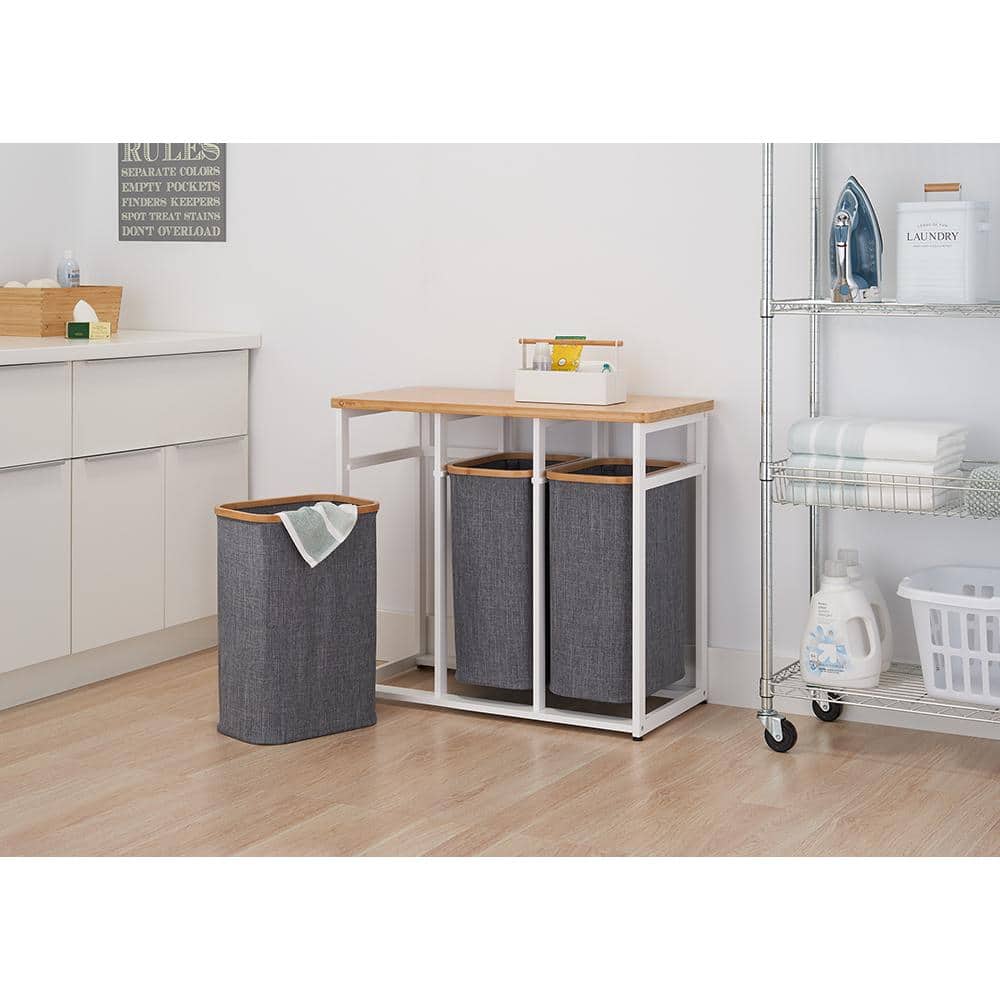 White Bamboo and Gray Polyester Collapsible Laundry Sorter