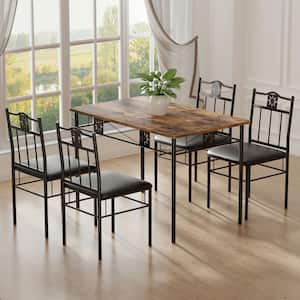 5-Piece Dining Table Set Wooden Kitchen Table 1 Table 4 Chairs Metal Legs, Rectangular Dining Table Sets，42.1"L, Brown