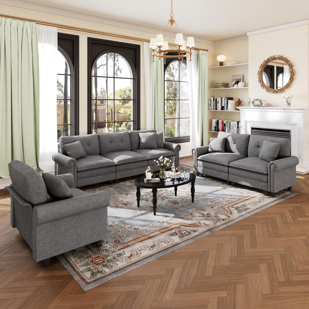 113.8 in. Roll Arm 6-Seat Linen-like Fabric Modular Sectional Sofa in Dark Gray with Throw Pillows