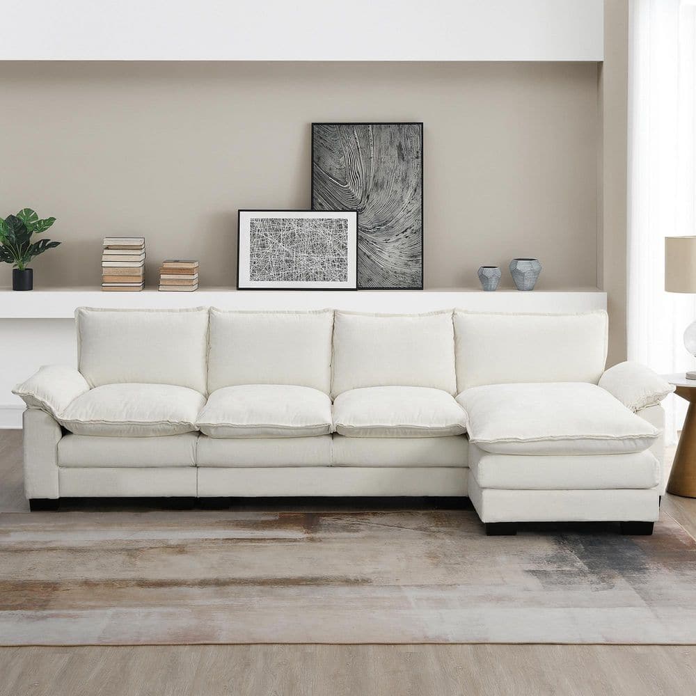 118 in. Square Arm 4-piece L Shaped Chenille Modern Sectional Sofa in. Beig