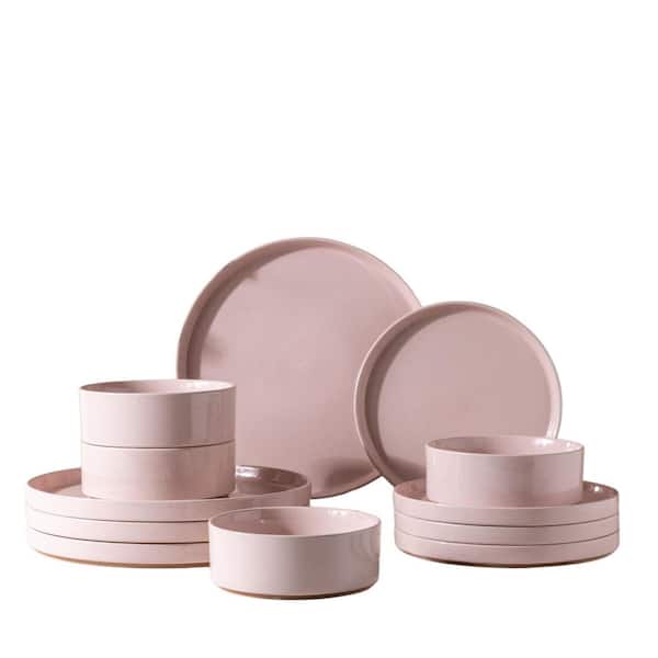 12-Piece Pink Ceramic Dinnerware Set (Service for 4), Speckled Stoneware Plates and Bowls with Unglazed Terracotta