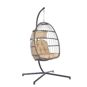 Outdoor Metal Garden Rattan Egg Swing Chair Hanging Chair with Khaki Cushion