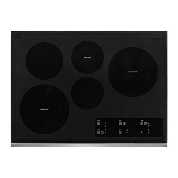 Whirlpool 30 in. Radiant Electric Cooktop in Black Stainless Steel with 5 Elements Including Warm Zone Element