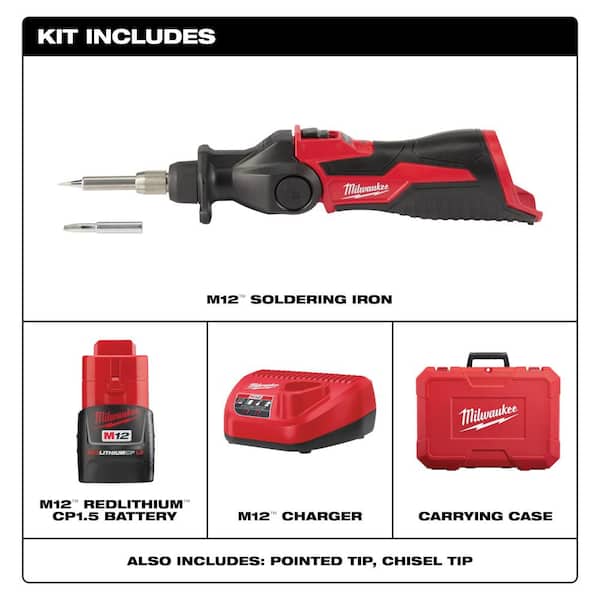 M12 12-Volt Lithium-Ion Cordless Soldering Iron Kit with 1. 5Ah Battery Charger, Hard Case, &Drill Impact Driver Kit