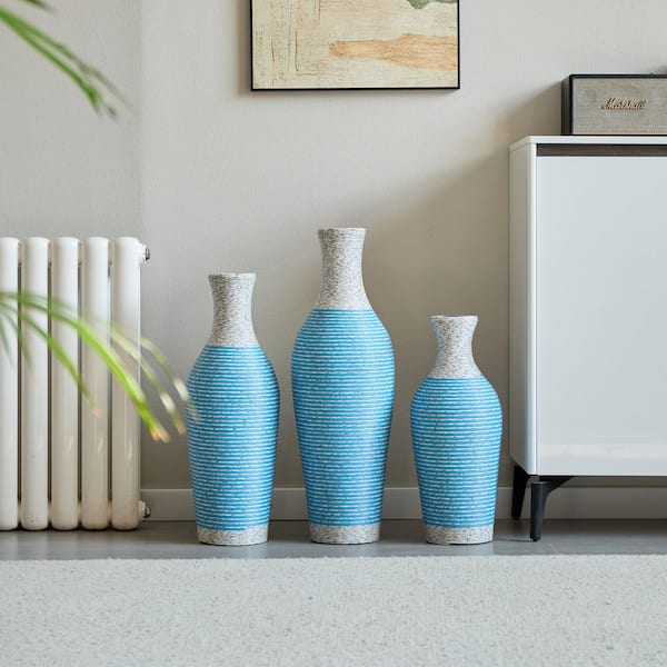 20 in. 24 in. 28 in. Blue PVC Bottle Floor Vase Trio, Textured Modern Tall Vases, Artificial Plant Stand (Set of 3)
