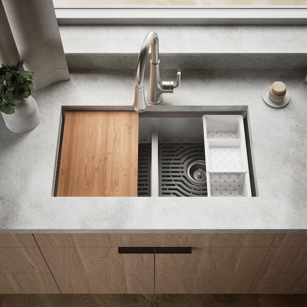 Task Workstation 33 in. Drop-In Double Bowl Stainless Steel Kitchen Sink with Smart Divide