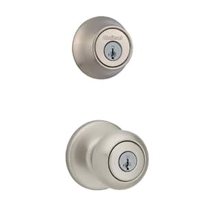 Cove Satin Nickel Keyed Entry Door Knob and Single Cylinder Deadbolt Combo Pack featuring SmartKey and Microban