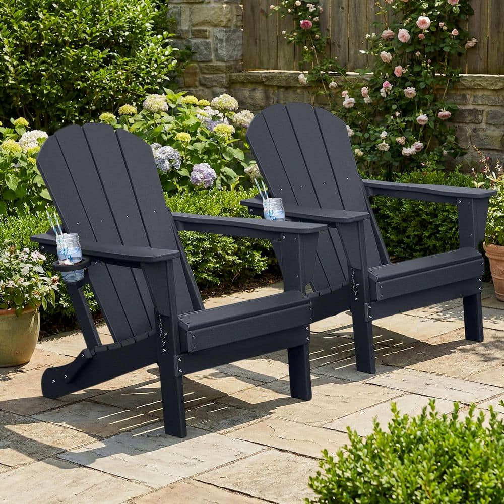 Black Outdoor Folding Plastic Adirondack Chair with Cup Holder for