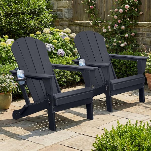 Black Outdoor Folding Plastic Adirondack Chair with Cup Holder for