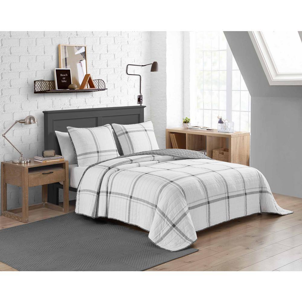 White and Gray Twin Cotton Reversible Quilt Set