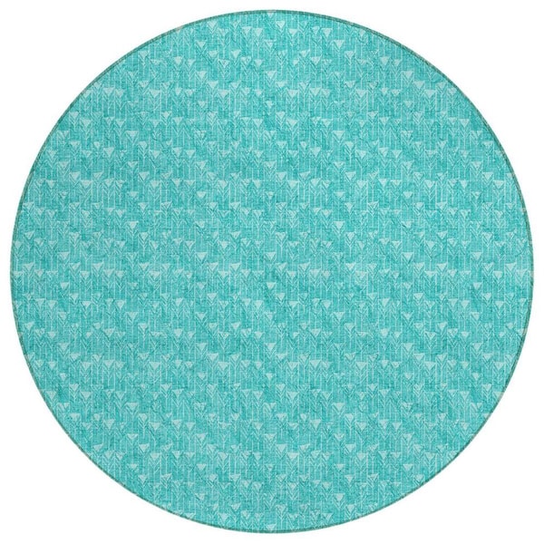 Turquoise 8 ft. Round Geometric Indoor / Outdoor Area Rug