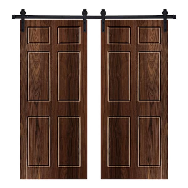 AIOPOP HOME Modern 6-Panel Designed 56 in. W. x 80 in. Wood Panel Dark Walnut Painted Double Sliding Barn Door with Hardware Kit