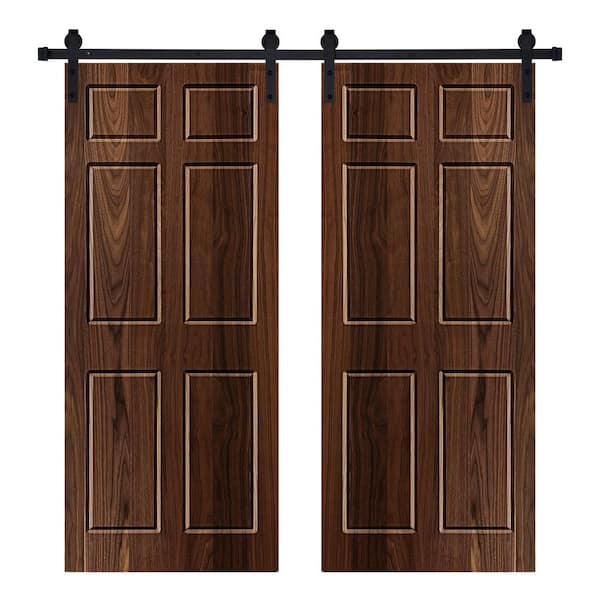 Modern 6-Panel Designed 56 in. W. x 84 in. Wood Panel Dark Walnut Painted Double Sliding Barn Door with Hardware Kit