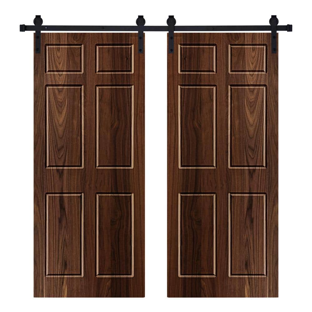 Modern 6-Panel Designed 64 in. W. x 80 in. Wood Panel Dark Walnut Painted Double Sliding Barn Door with Hardware Kit price history on PriceWatchPro