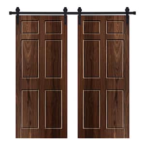 Modern 6-Panel Designed 84 in. W. x 84 in. Wood Panel Dark Walnut Painted Double Sliding Barn Door with Hardware Kit
