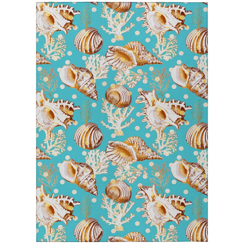 Aqua Coastal Seashells Flat Woven Chenille 5' x 7' Rug