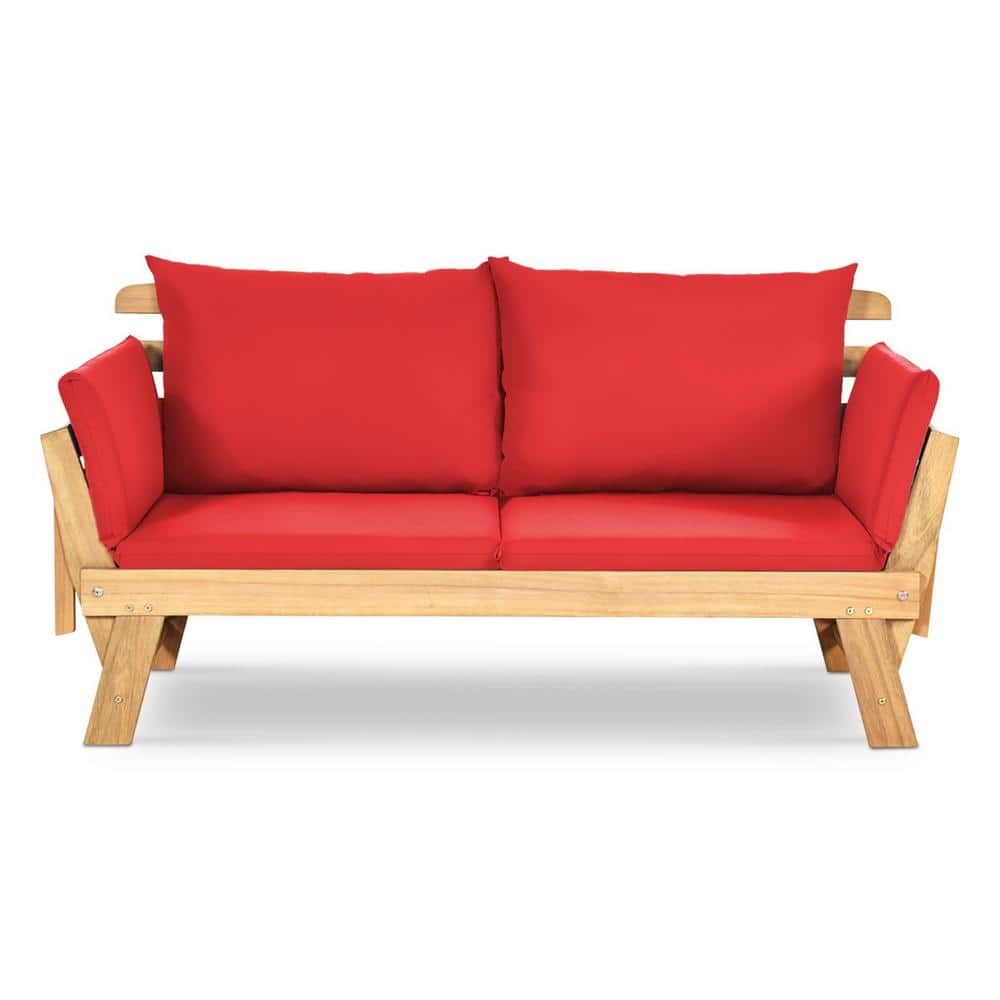 ANGELES HOME Convertible Wood Outdoor Loveseat with Red Cushions M70
