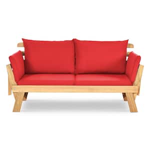 Convertible Wood Outdoor Loveseat with Red Cushions