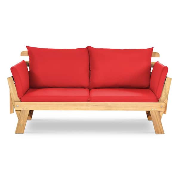 Convertible Wood Outdoor Loveseat with Red Cushions