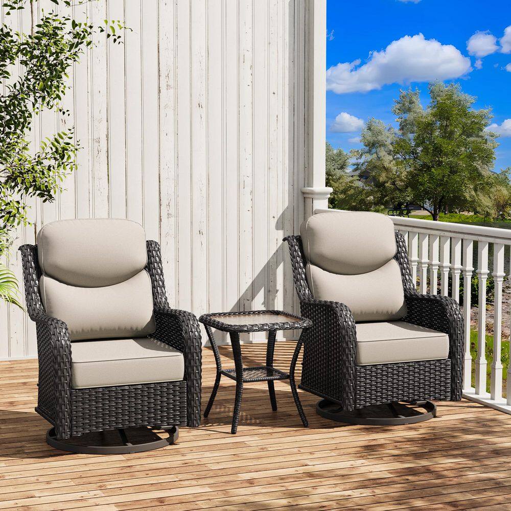 Patio Chairs 3-Piece Wicker Outdoor Swivel Rocker Chairs with Chair Cover with Beige Cushion, Rattan Side Table price history on PriceWatchPro