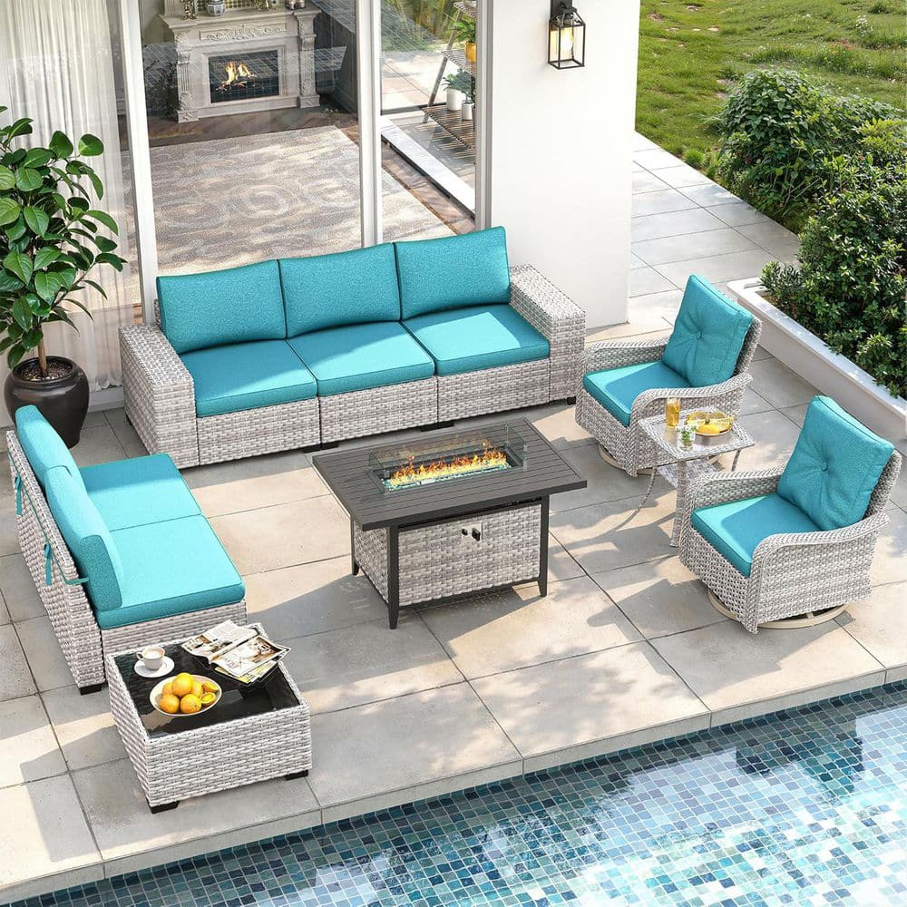 10-Piece All-Weather Wicker Outdoor Sectional Set with Fire Pit Table, Swivel Chairs and Blue Cushions price history on PriceWatchPro