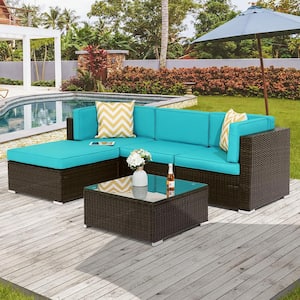 5-Pieces PE Rattan Wicker Outdoor Conversation Sectional Sofa Sets Sofa Sets With Tempered Glass Table in Turquoise