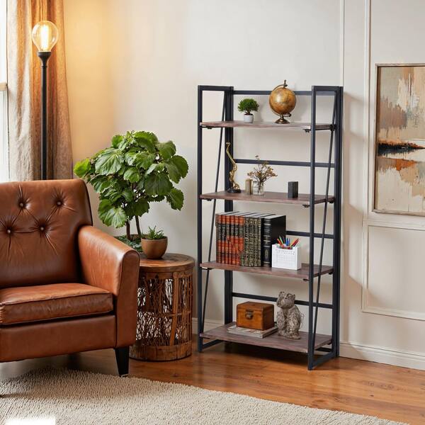BACKERT 46 in. H 4-Tier Folding Bookshelf with No Assembly Required, Industrial Rustic Bookcase Shelves, Black and Brown